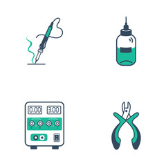 Turquoise electronics workshop icons: soldering iron, flux, power supply & cutters
