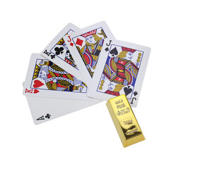 gold bar and playing cards wealth and luck, playing cards, investment, casino, poker, precious metals, card games, investment, gambling, and luxury, suggest element luck isolated on white background