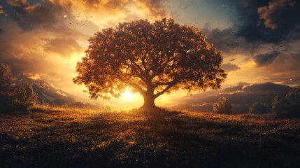 A tree stands tall against a stunning golden sunset in a picturesque landscape, radiating warmth and tranquility.