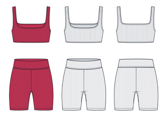 Women Ribbed Sports Bra and Biker Shorts Set – Technical Fashion Flat Sketch. Activewear set fashion flat technical drawing template, square neck, front, back view, white, red, women CAD mockup.
