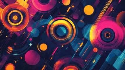 Fototapeta premium Abstract vibrant circles, diagonal lines, dark background; website design
