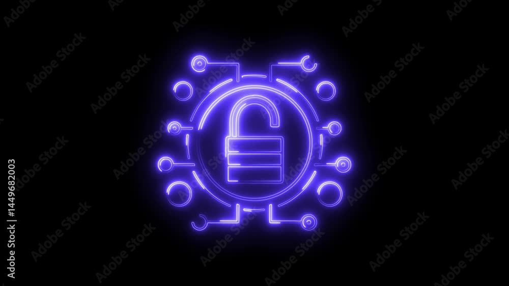 Poster neon open padlock symbol on digital network background animation