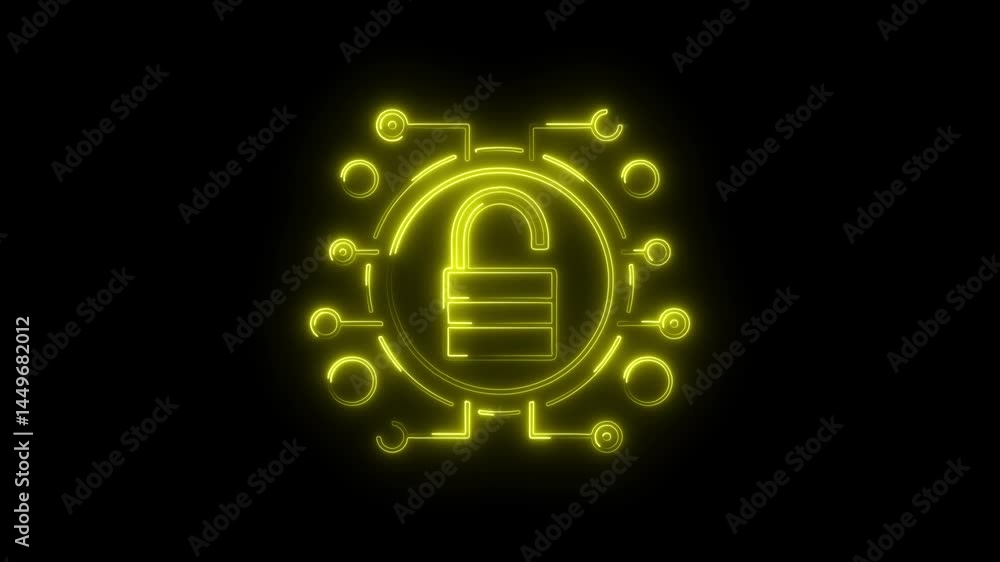 Poster cyber security unlock concept with neon yellow glow and connected digital circuitry on dark backgrou