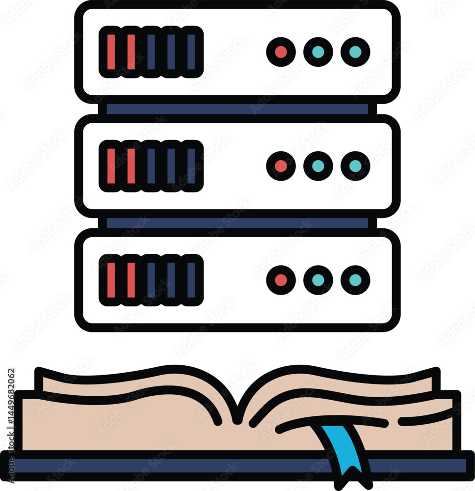 Poster a book with a blue ribbon is open to a page with a server on it