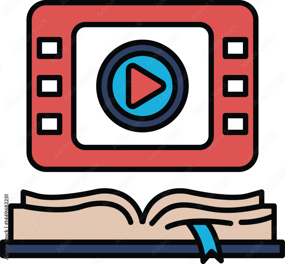 Poster a book with a red and blue screen with a play button on it