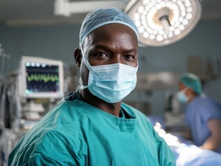 Serious African American male doctor in surgical attire at night