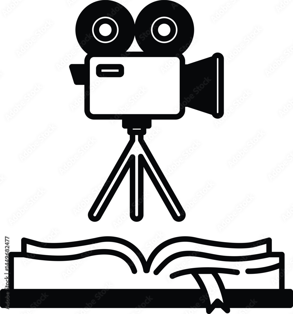 Poster camera is on a tripod next to an open book