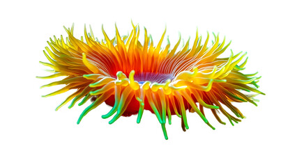 Vibrant Yellow Orange Green Sea Anemone on Black Background