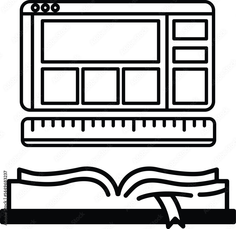 Poster computer monitor with a book open on it
