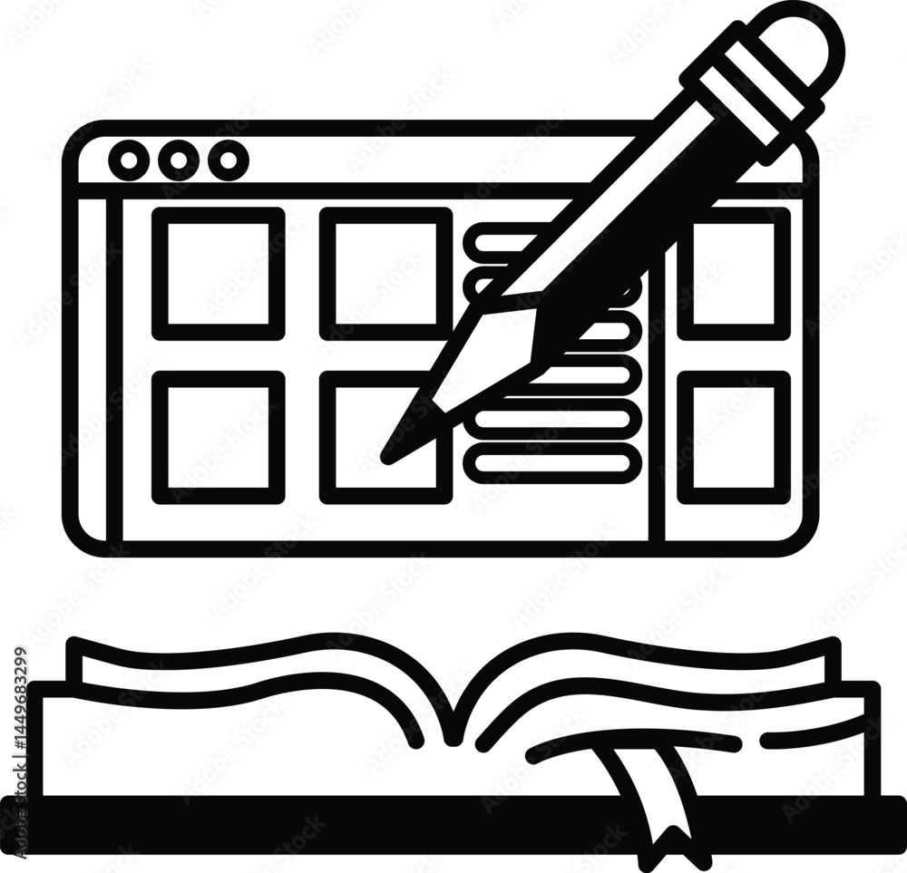 Poster pencil is drawn on a computer screen with a book open