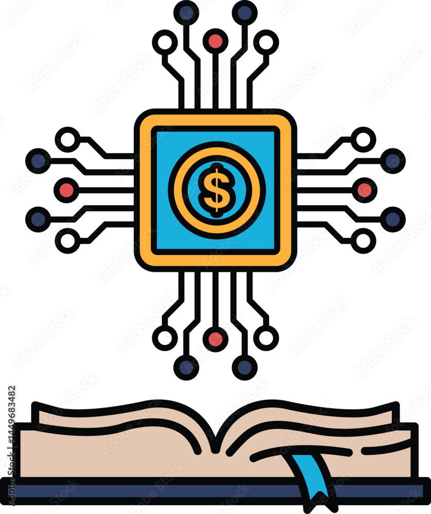 Poster a computer chip with a dollar sign on it is shown next to an open book