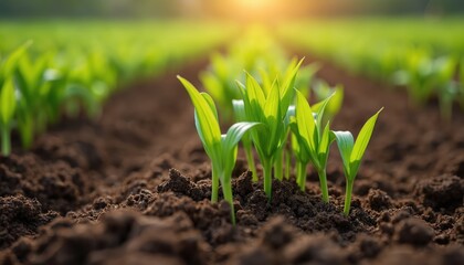 Close-up spring farmland image. Green corn sprouts growing from fertile dark soil. Agriculture, farming scene. Plants emerging, new life, growth, new generation, eco, bio tech.