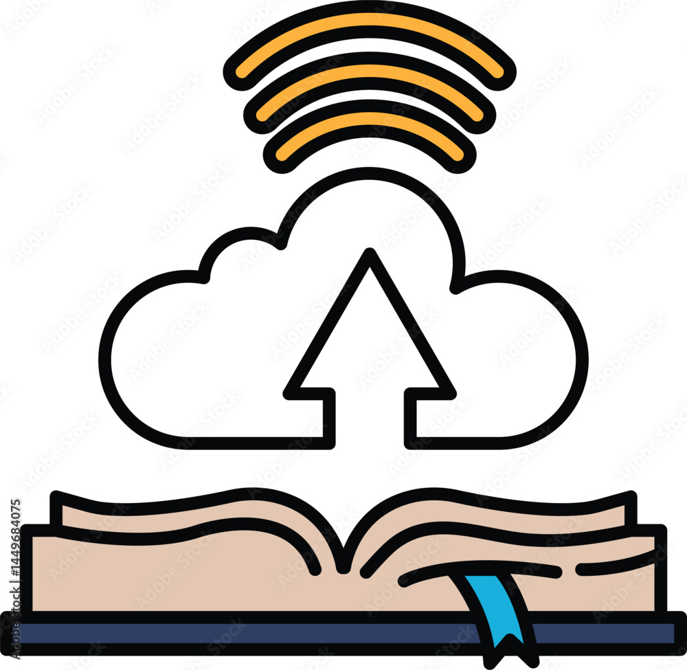 Poster a cloud with an arrow pointing upwards is above an open book
