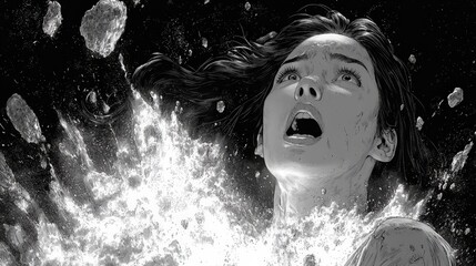 Dramatic grayscale illustration of a distressed female figure.