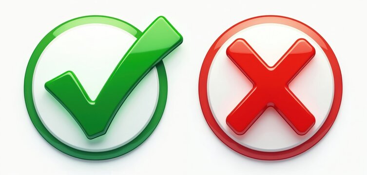 Illustration of green check mark, red cross symbols on white background. Positive, negative signs for web, app, interface, design. Check mark means yes, approval, correct choice. Cross mark means no,