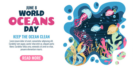 World Oceans Day Horizontal Banner. Flat Design Coral Reef with Tropical Fish and Jellyfish. Marine Life Illustration for Ocean Conservation and Eco Awareness. Vibrant Vector Art