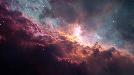 Fototapeta premium A breathtaking view of a nebula, swirling clouds of gas and dust illuminated by distant stars. Shades of pink, orange, and purple create a mesmerizing cosmic landscape.
