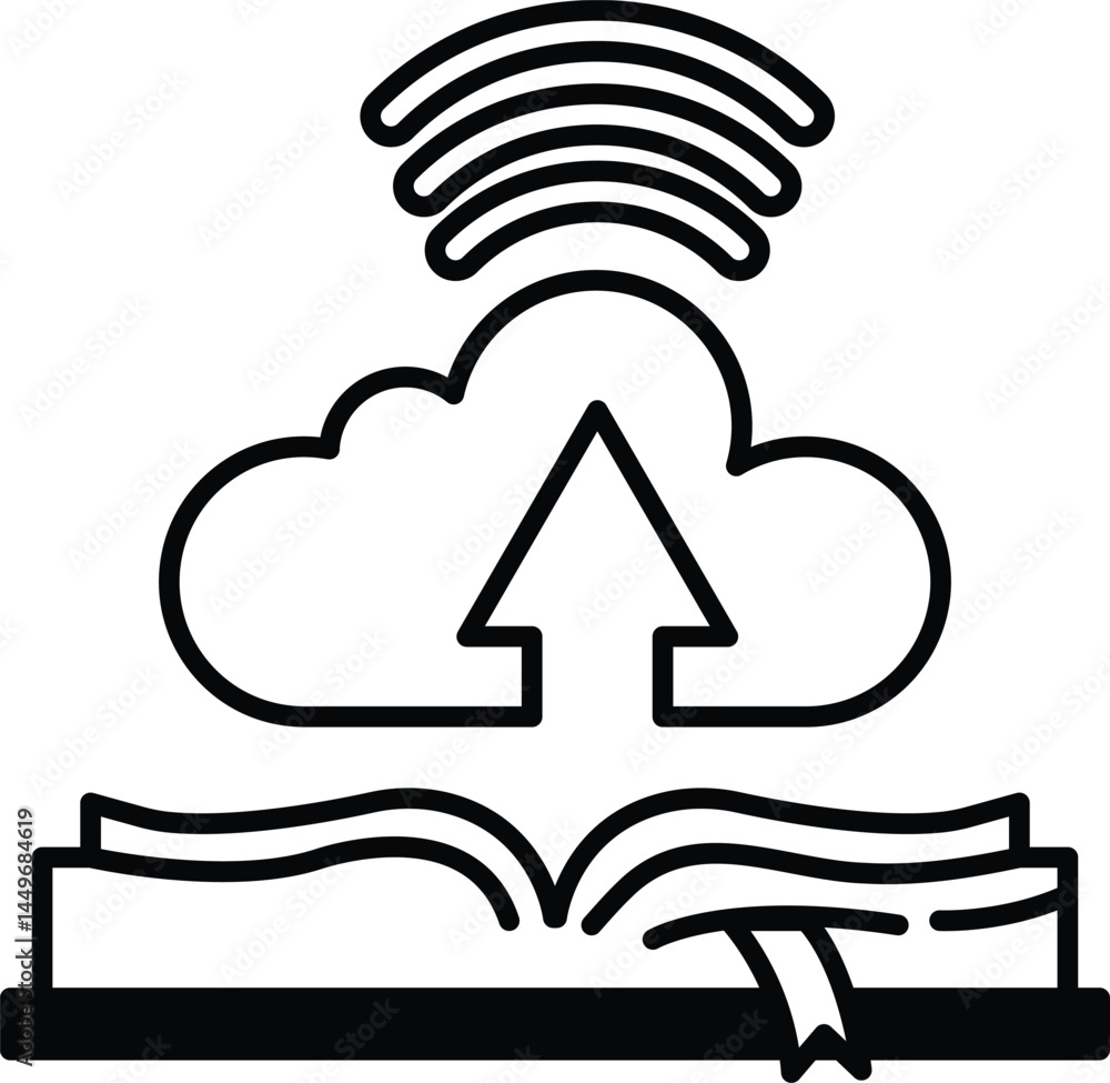 Poster cloud with an arrow pointing upwards is above an open book