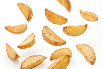 Floating Potato Wedges on White Background