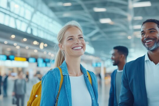 Traveling Through the Departure Zone: A diverse group of travelers is depicted, exuding excitement as they make their way through the departure zone, ready for their next adventure.