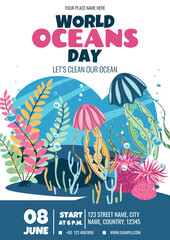 World Oceans Day Flyer. Jellyfish and Seaweed Marine Design. Protect Ocean Ecosystems. Vibrant Vector Art for Posters, Social Media and Eco Campaigns