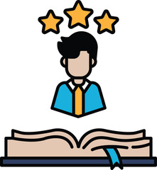 A man is shown with three stars above his head, with a book in front of him