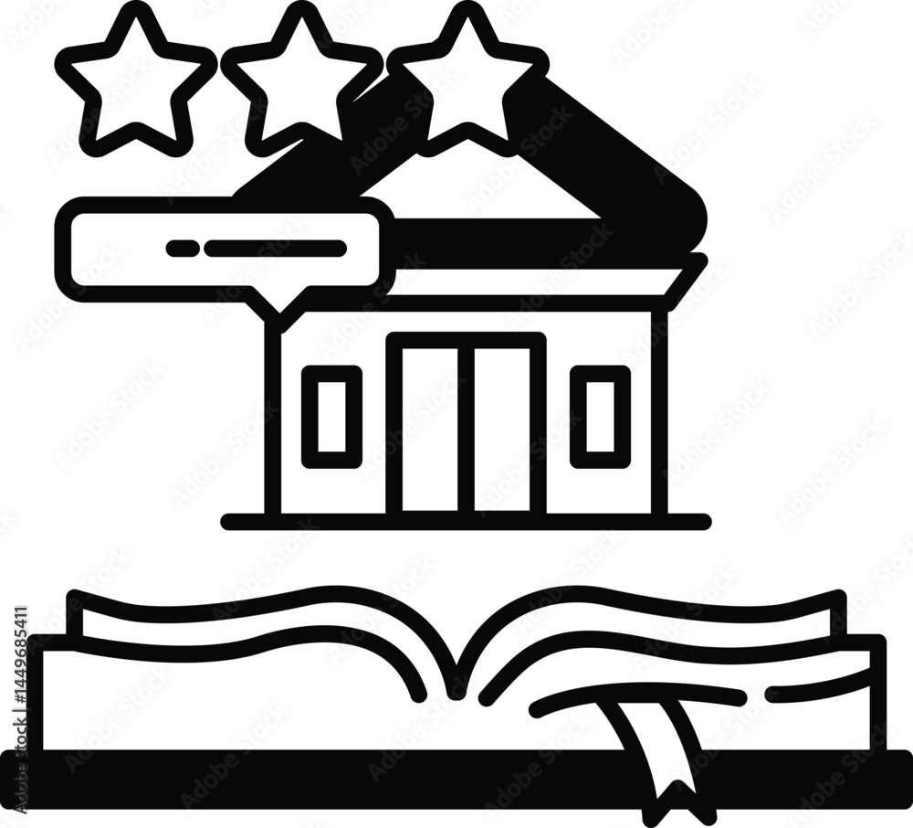 Poster building with three stars and a book with a ribbon