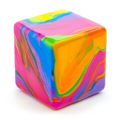 A vibrant, multicolored cube with a swirling, marbled paint effect.