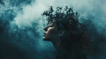 Abstract digital art with a woman's head, surreal crown of figures, and textured sky background
