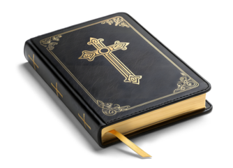 A closed black leather-bound Bible with a gold cross embossed on the cover, gold-edged pages, and a golden ribbon bookmark against transparent background