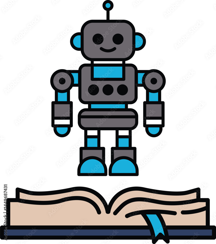 Poster a robot is standing on top of an open book