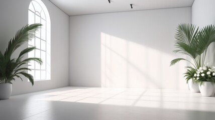 Abstract white studio background for product presentation. Empty room with shadows of window and flowers and palm leaves . 3d room with copy space. Summer concert. Blurred backdrop.