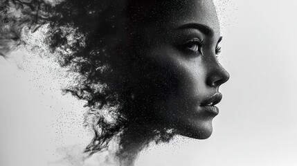 A surreal face rendered in grayscale begins to fragment into millions of luminous particles, creating a soft cloud that reflects the complexity of human  HD 8K wallpaper Photographic Image