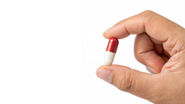 Hand holding a pill between thumb and forefinger isolated on transparent background