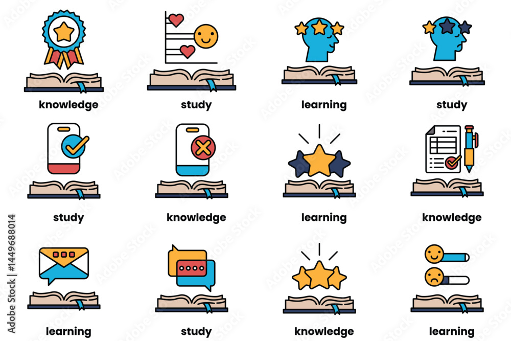 Poster set of illustrations in the concept of books and knowledge in a line style