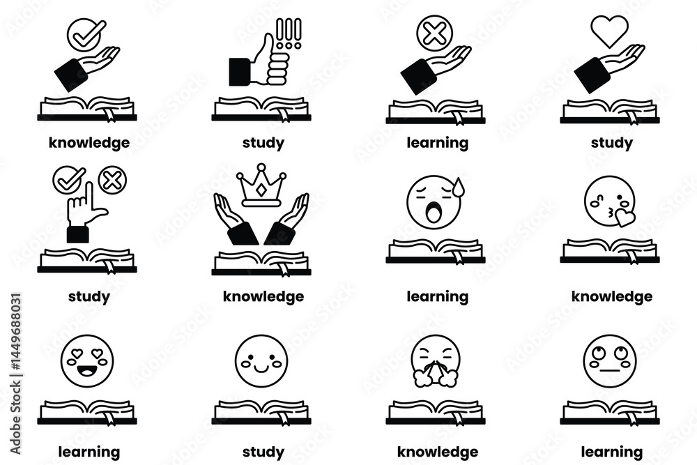 Poster set of illustrations in the concept of books and knowledge in a line style