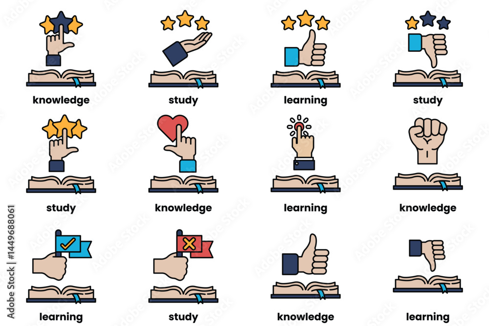 Poster set of illustrations in the concept of books and knowledge in a line style
