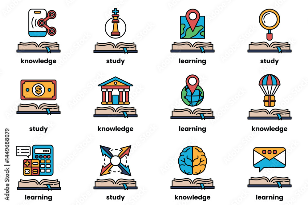 Poster set of illustrations in the concept of books and knowledge in a line style