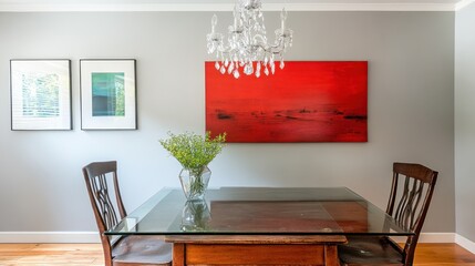 Stylish dining room interior with modern art.