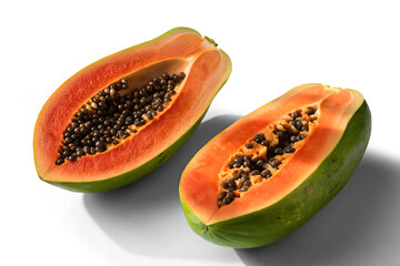 A papaya, cut in half, is displayed on a white or transparent background