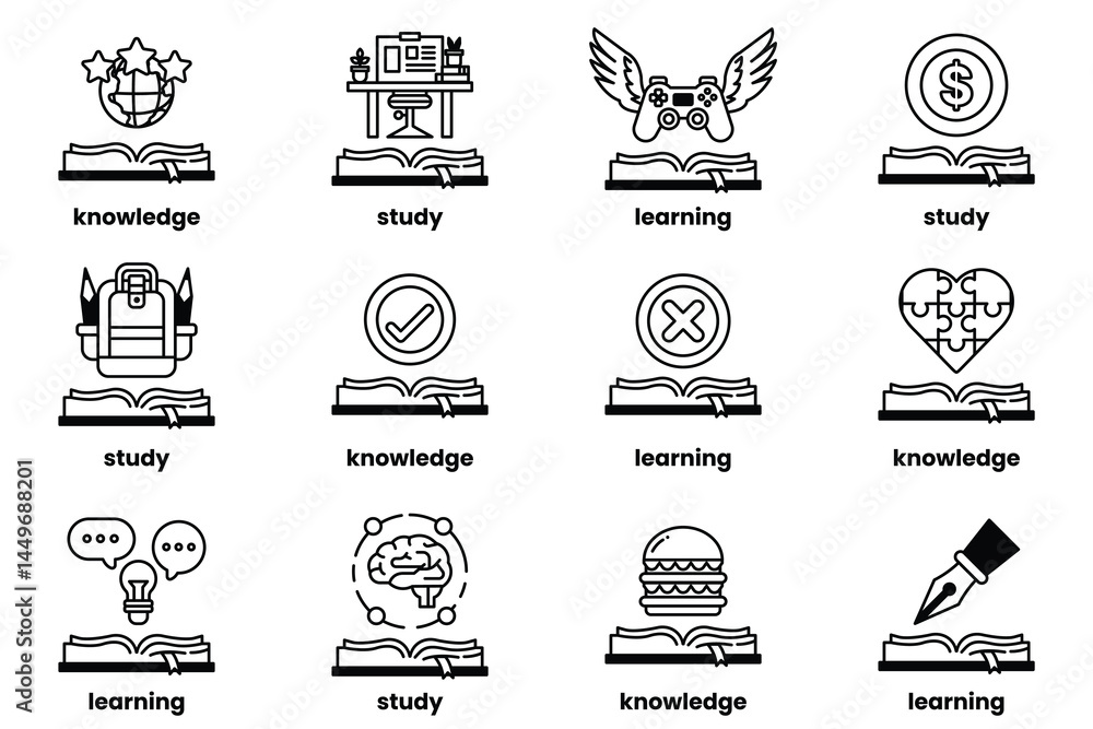 Poster set of illustrations in the concept of books and knowledge in a line style