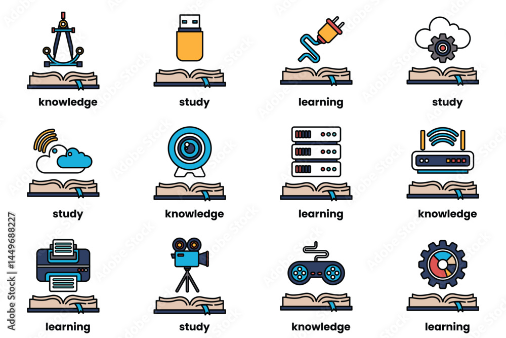 Poster set of illustrations in the concept of books and knowledge in a line style