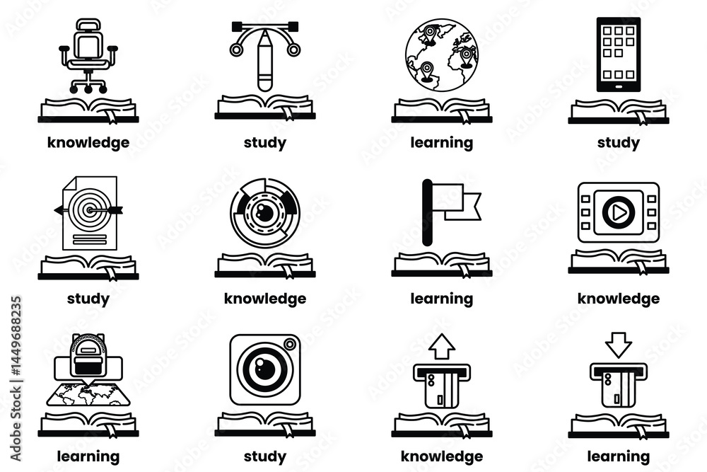 Poster set of illustrations in the concept of books and knowledge in a line style