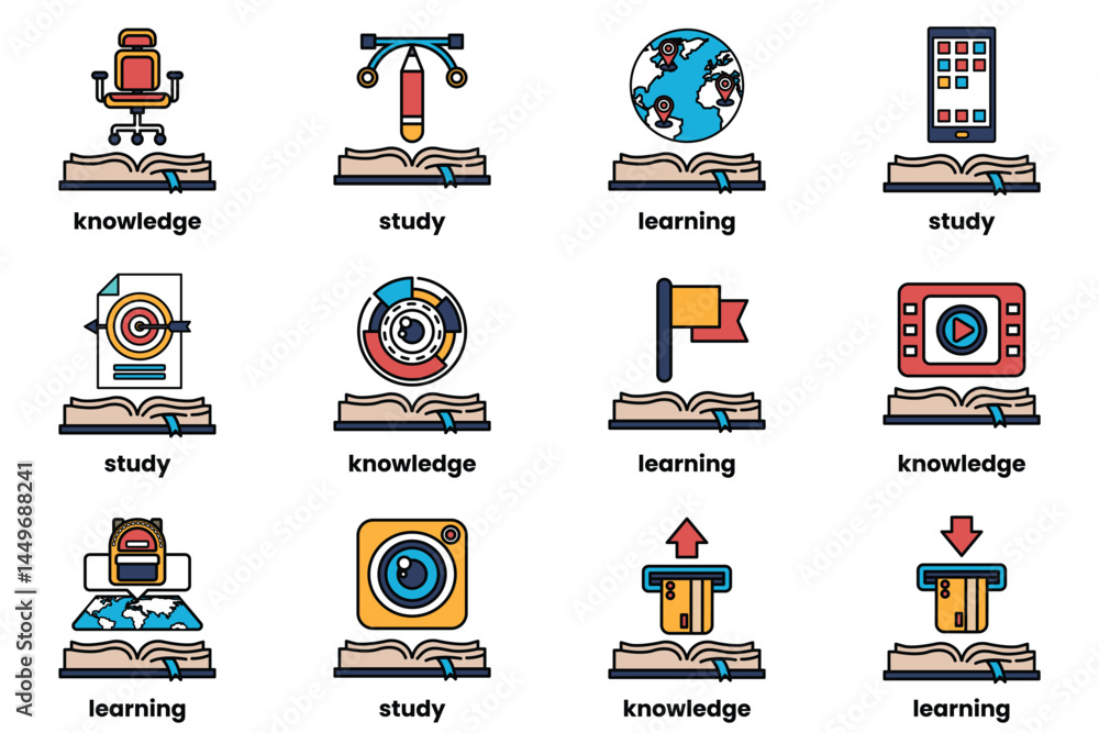 Poster set of illustrations in the concept of books and knowledge in a line style