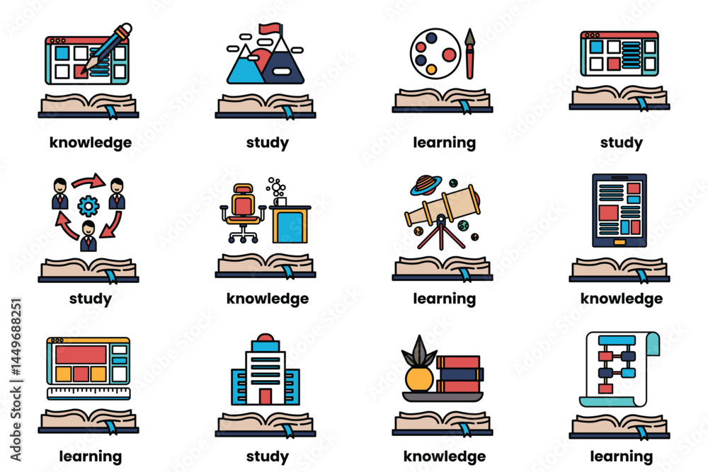 Poster set of illustrations in the concept of books and knowledge in a line style