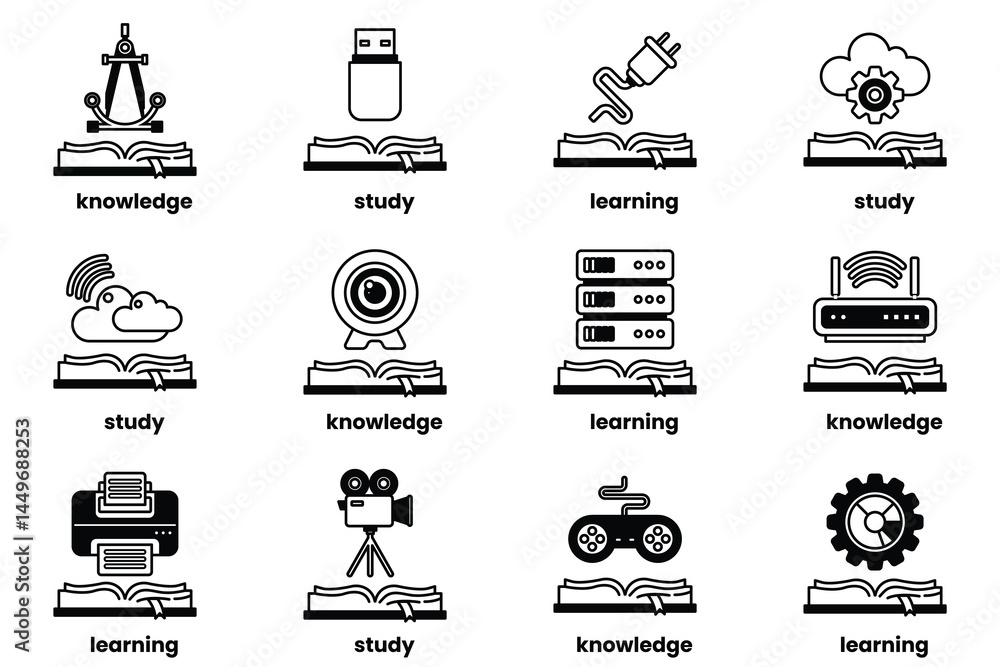 Poster set of illustrations in the concept of books and knowledge in a line style
