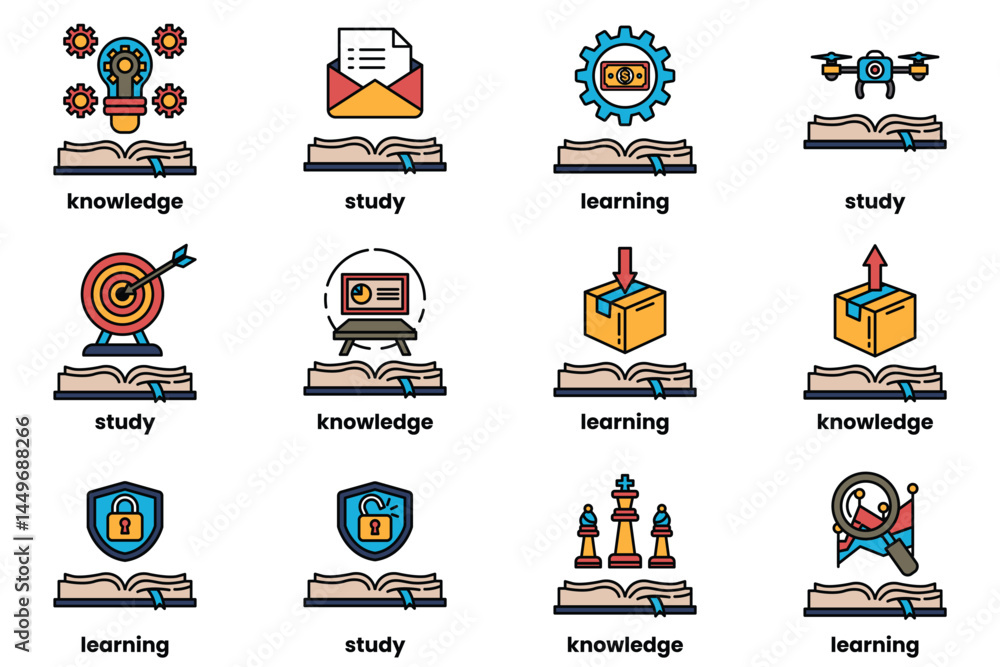 Poster set of illustrations in the concept of books and knowledge in a line style