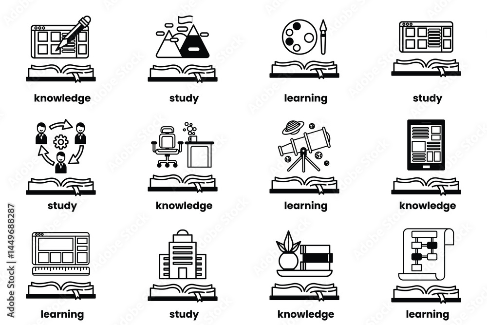 Poster set of illustrations in the concept of books and knowledge in a line style