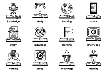 Set of illustrations in the concept of Books and knowledge in a line style