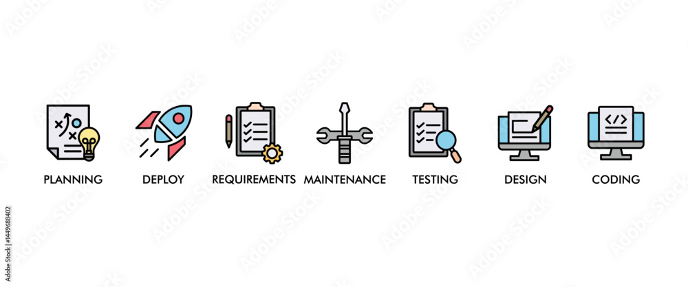 Poster software development life cycle banner web icon vector illustration concept of sdlc with icon of pla
